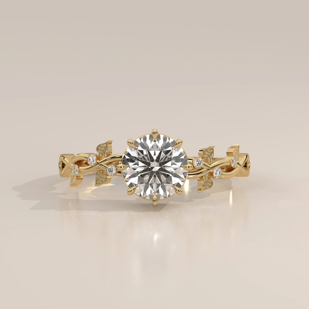 Round Lab Grown Diamond Vine Ring with Leaf Details and Accents in yellow gold, photographed head-on.