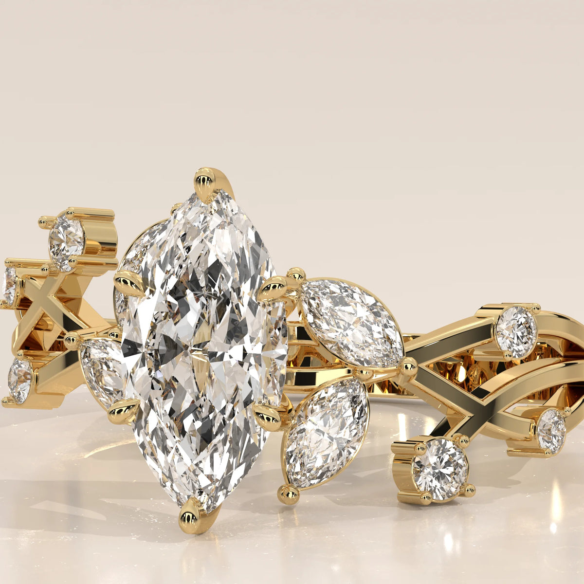 Elegant gold ring with a marquise-cut diamond and accent stones.