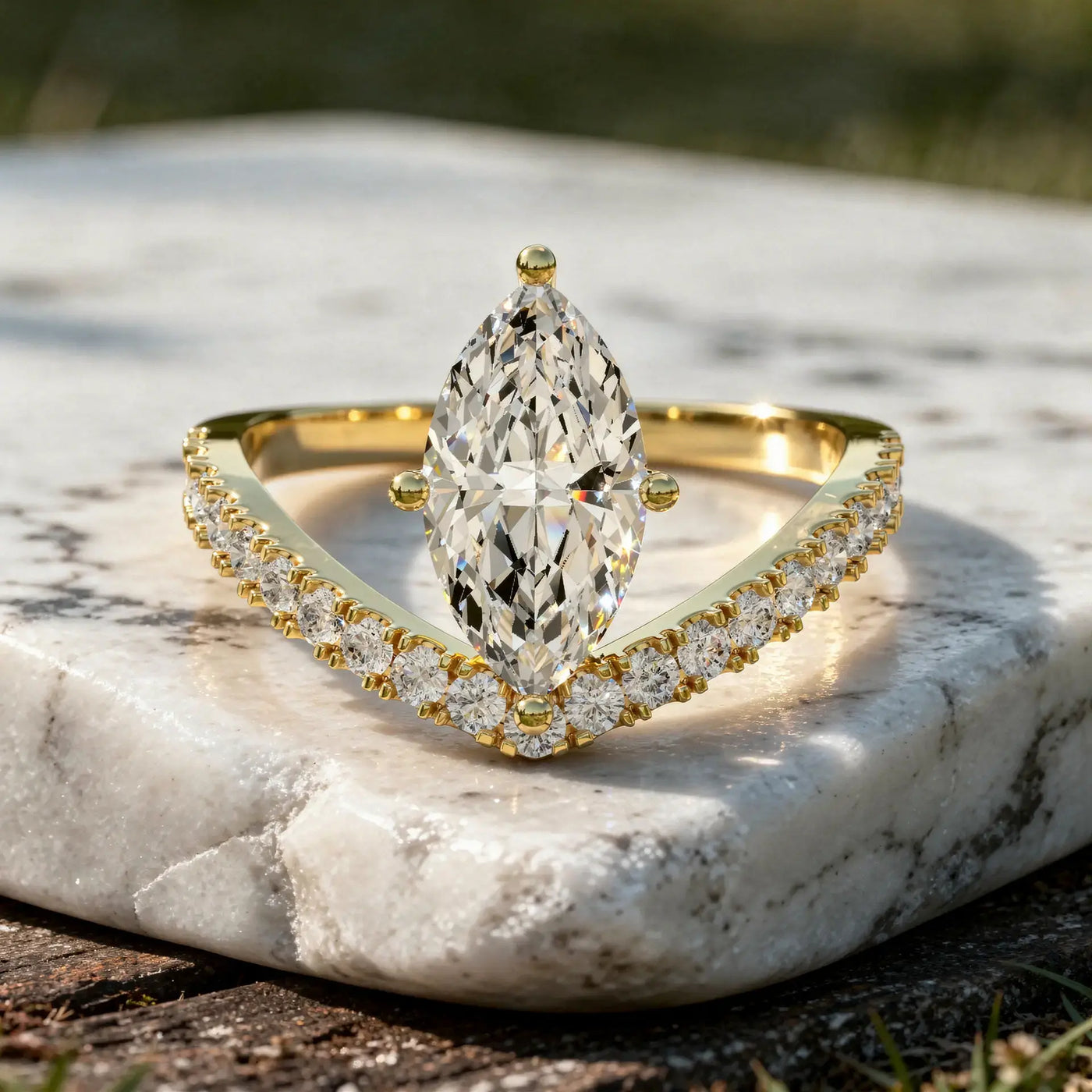 Front-view: Marquise Diamond Ring with Halo Setting in 14k Yellow Gold - Lab Grown - Driona Jewels