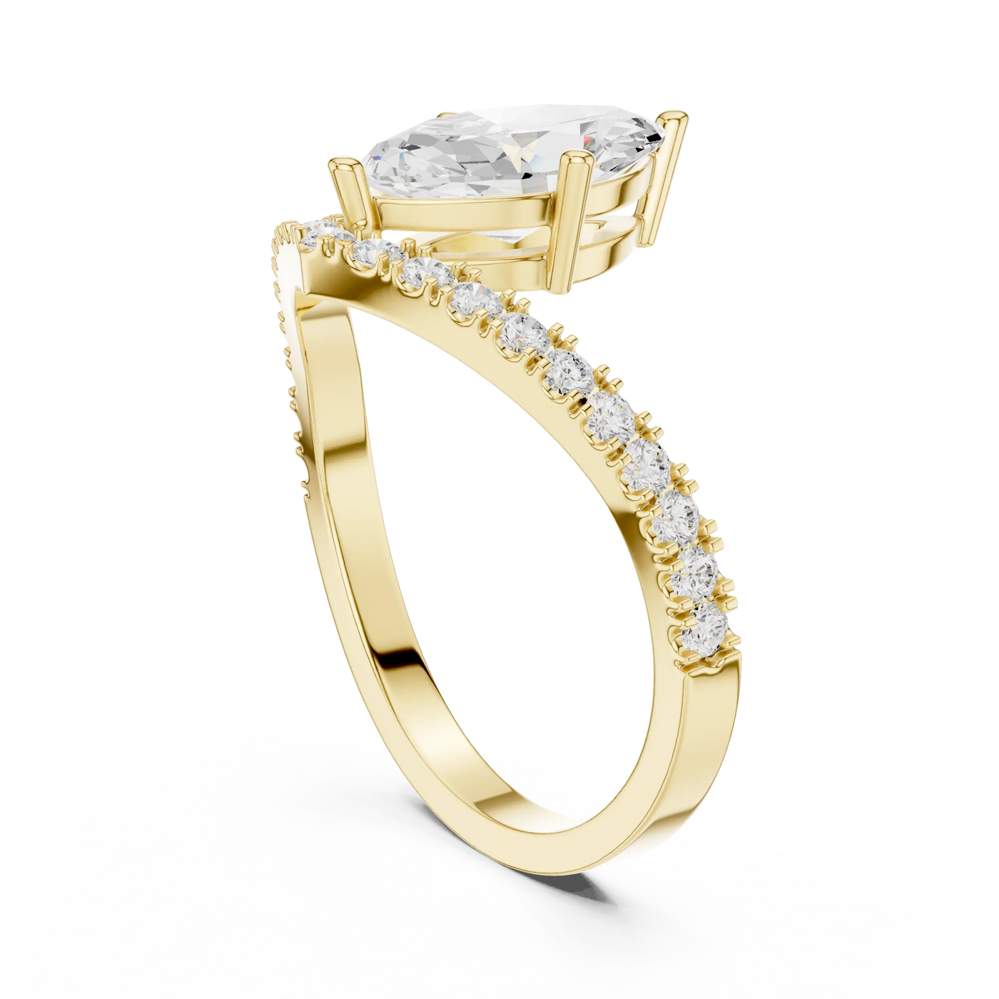 Angled view: Marquise Diamond Ring with Split Shank Pavé Setting in Yellow Gold – Lab Grown – Driona Jewels