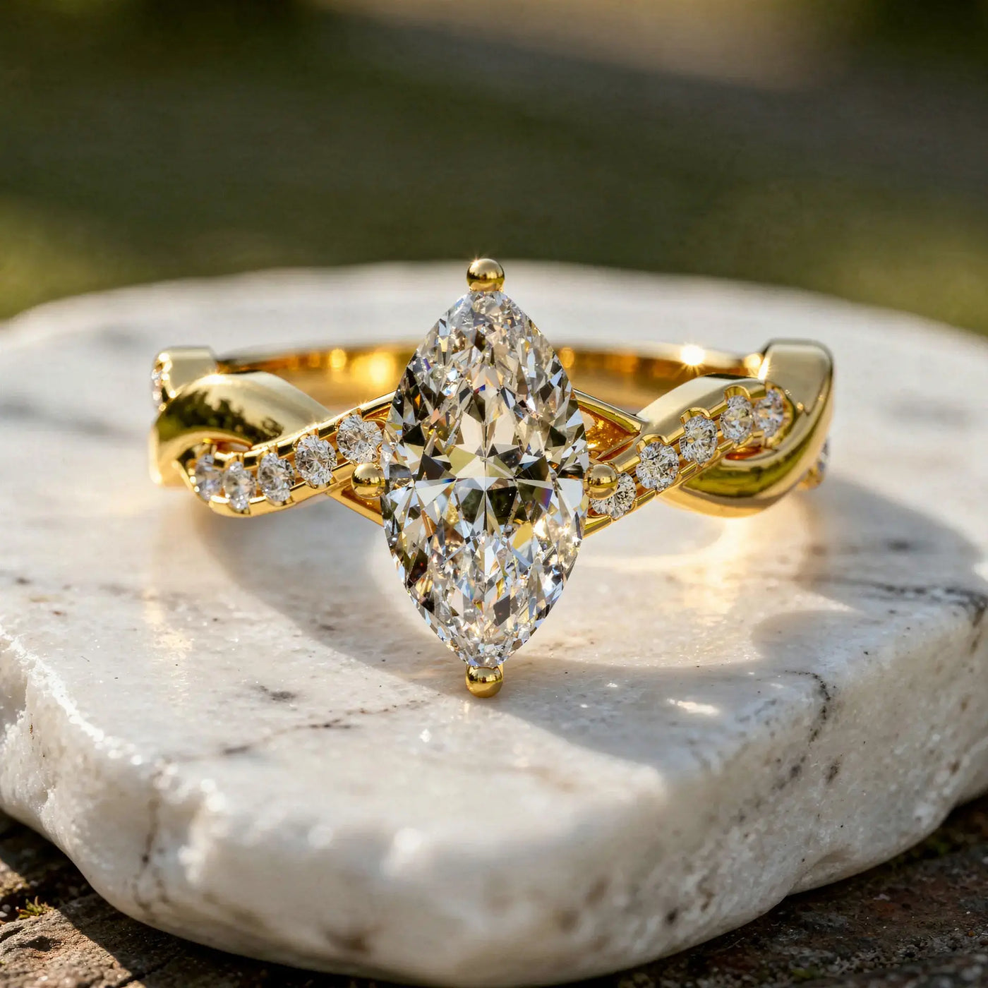 Front-view: Marquise Diamond Ring with Twist Setting in 14k Yellow Gold - Lab Grown - Driona Jewels