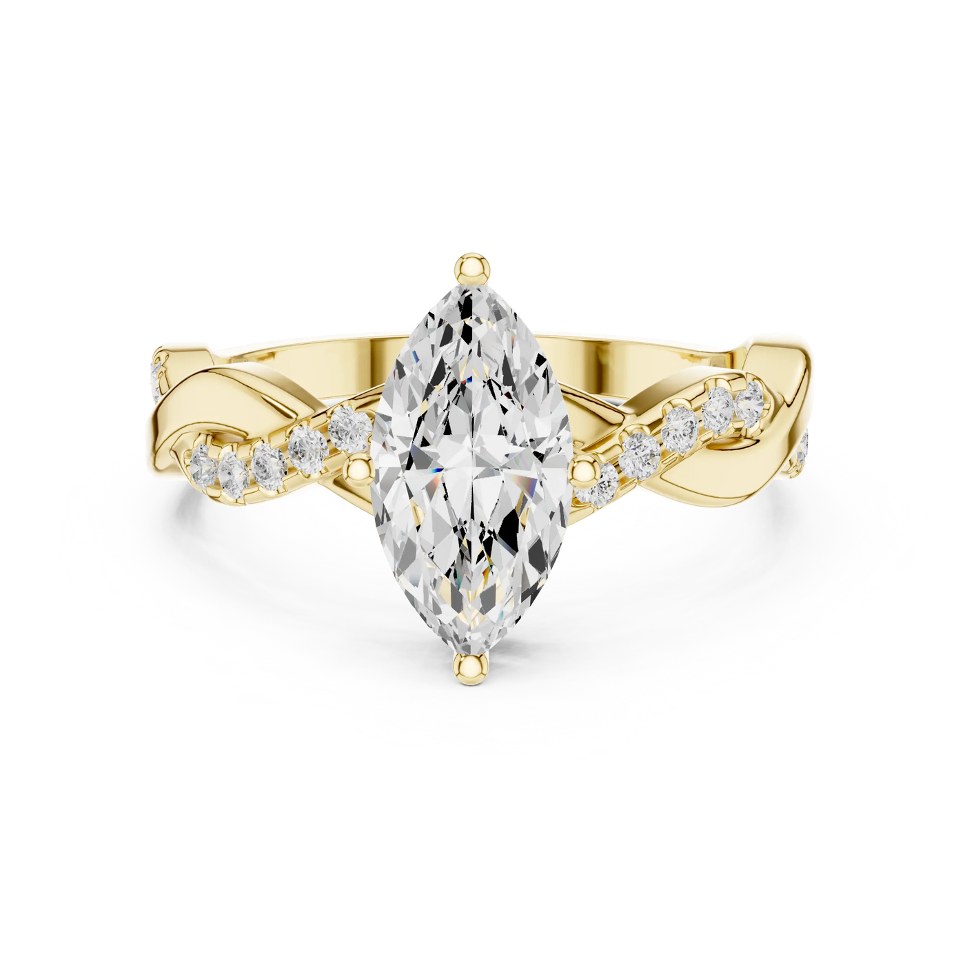 Front View: Marquise Diamond Ring with Twisted Pave Setting in Solid Yellow Gold – Lab Grown – Driona Jewels