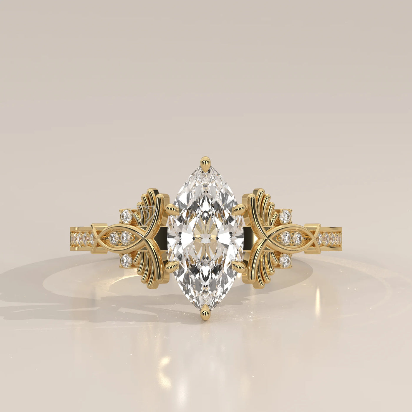 Elegant yellow gold ring with marquise cut diamond and accent stones.