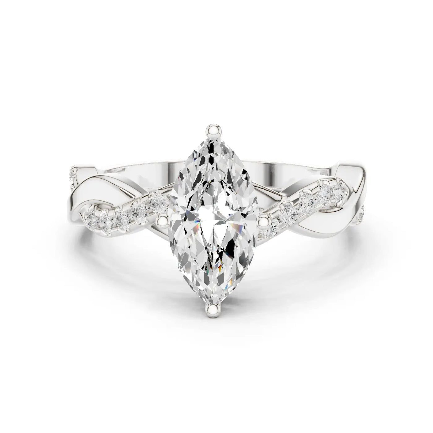Front View: Marquise and Round Diamond Ring with Pave Twisted Band Setting in 14K White Gold – Lab Grown – Driona Jewels