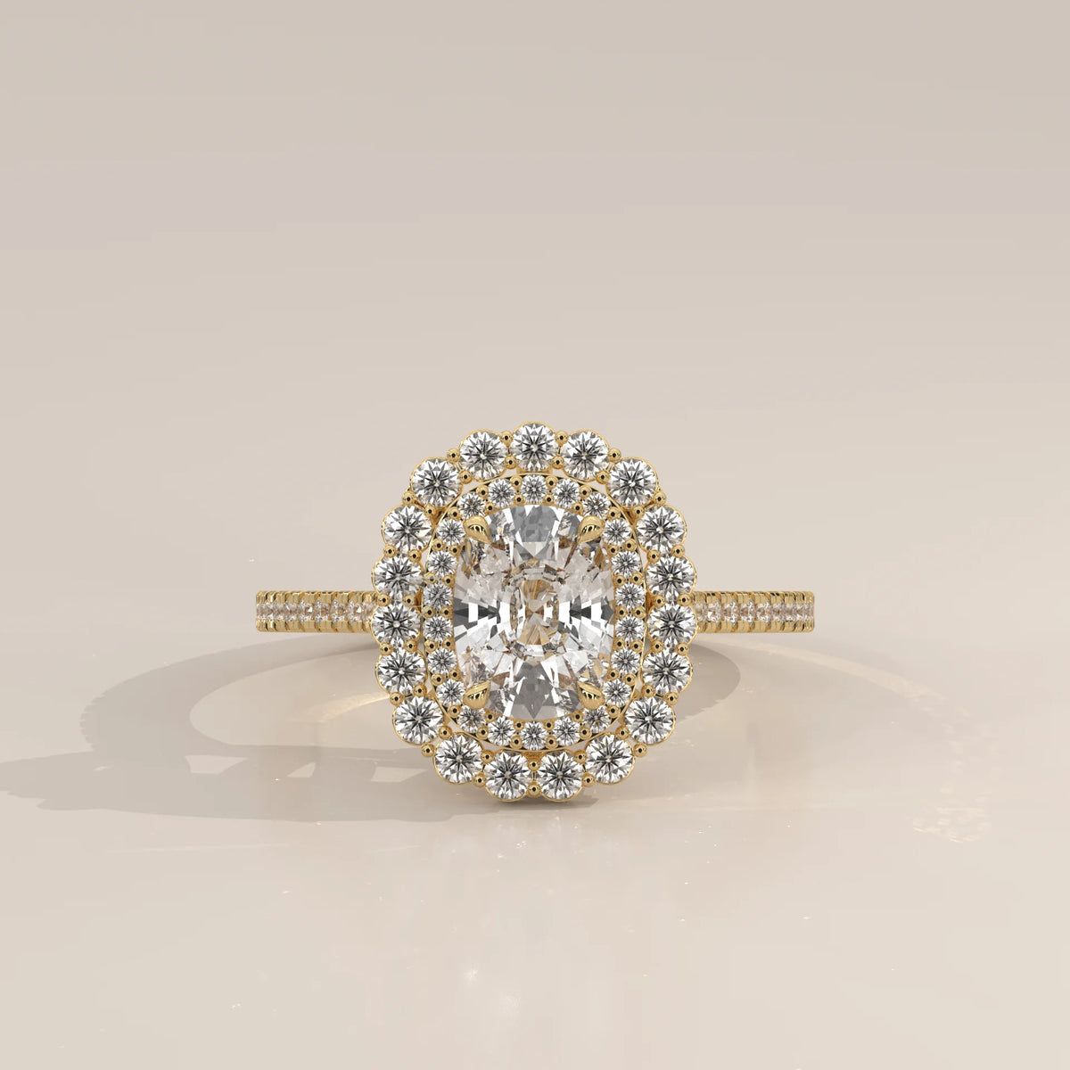 Cushion Lab Grown Diamond Double Halo Ring with Scalloped Outer Row in yellow gold, photographed head-on.