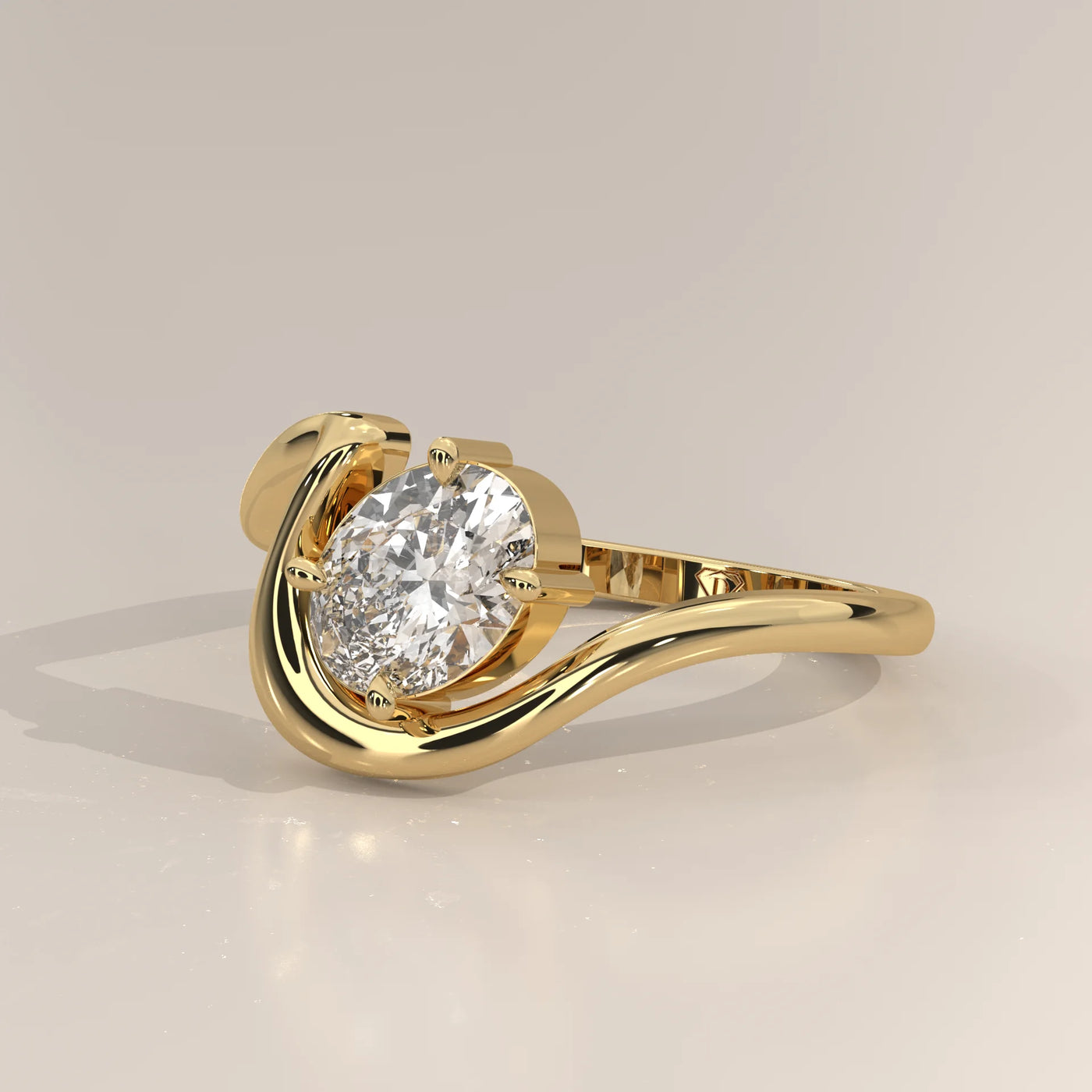 Gold ring with an oval diamond and accent stones.