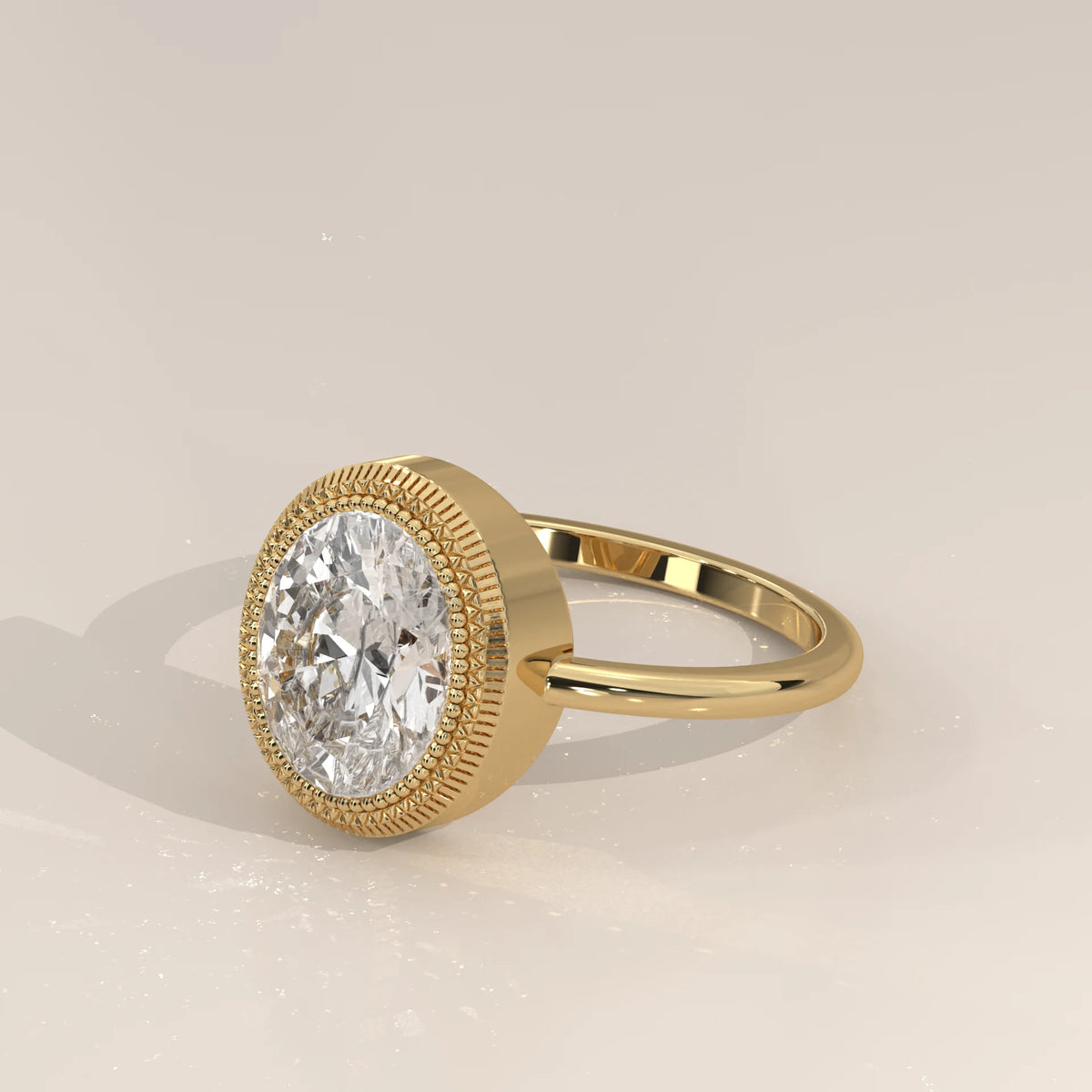 Oval Lab Grown Diamond Bezel Solitaire with Coin Edge Rim in yellow gold, shown from the side.