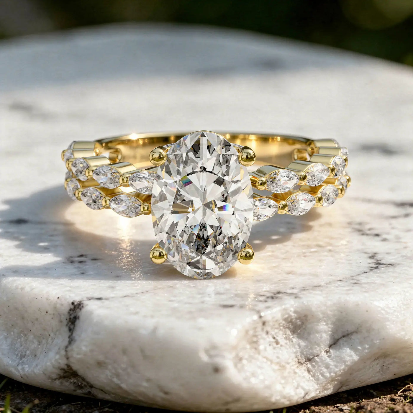 Front-view: Oval Diamond Engagement Ring with Halo Setting in 14k Yellow Gold - Lab Grown - Driona Jewels