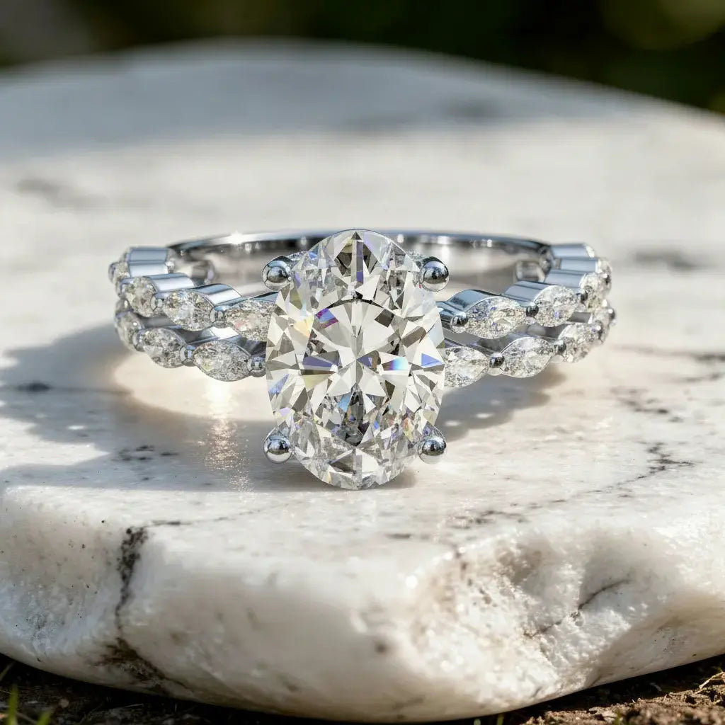 Front-view: Oval Diamond Engagement Ring with Pave Setting in 14k White Gold - Lab Grown - Driona Jewels