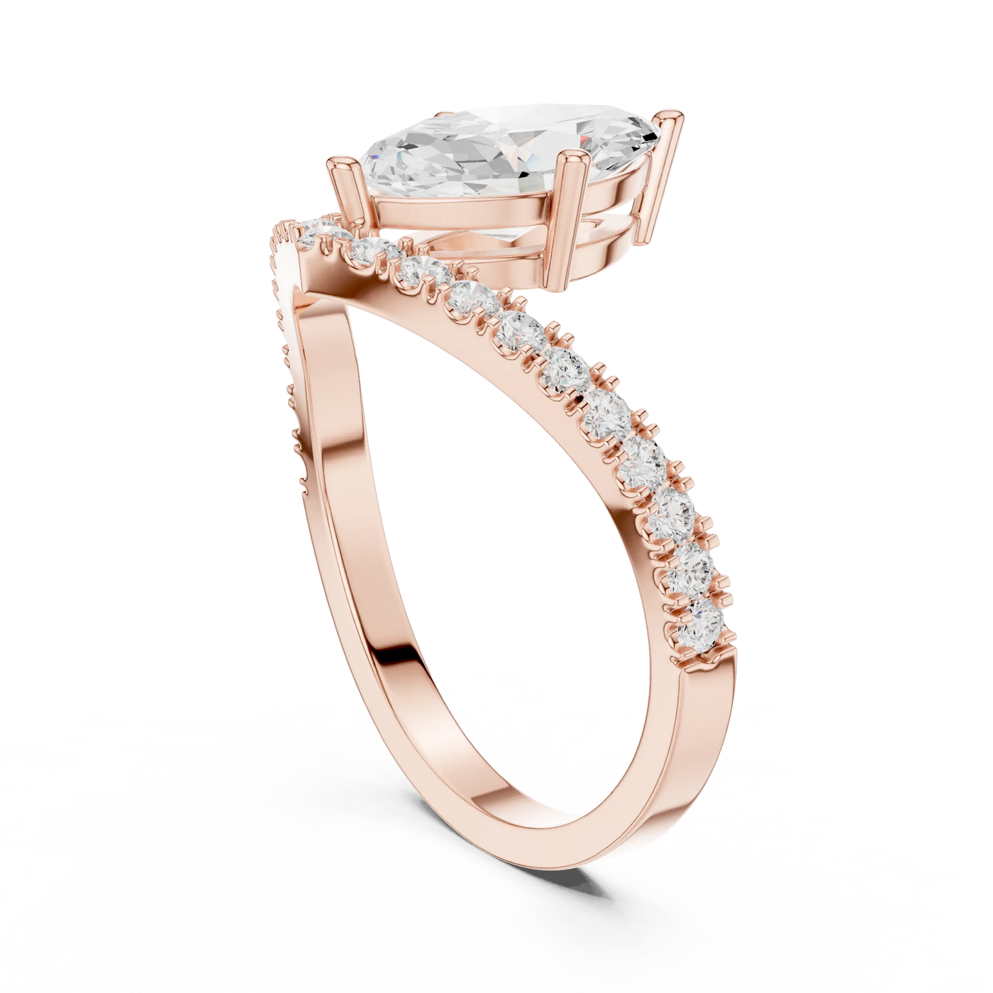 Angle View: Oval Diamond Ring with Split Shank Pave Setting in 14K Rose Gold – Lab Grown – Driona Jewels