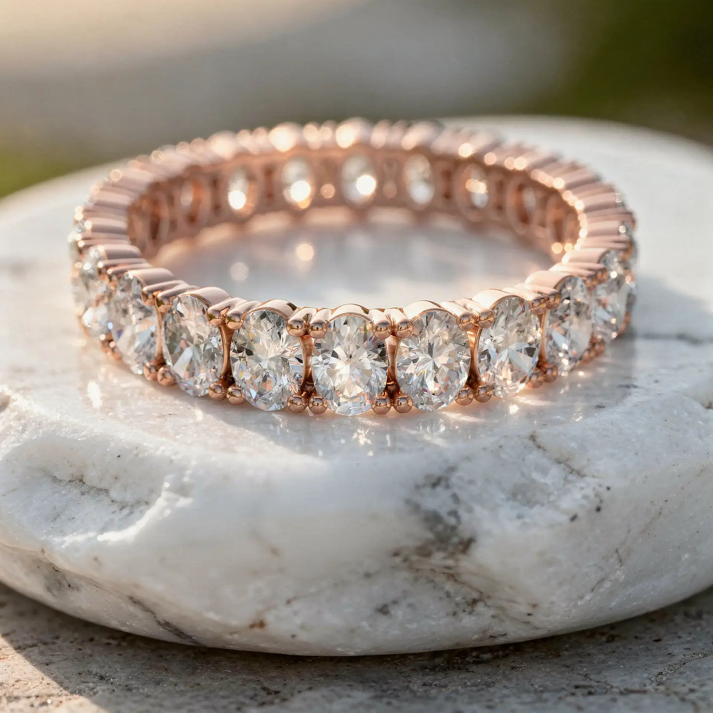 Close-up: Oval Diamond Ring with Tennis Setting in 14k Rose Gold - Lab Grown - Driona Jewels