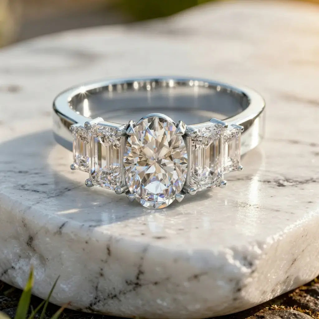 Front-view: Oval Diamond Ring with Three-Stone Setting in 14k White Gold - Lab Grown - Driona Jewels