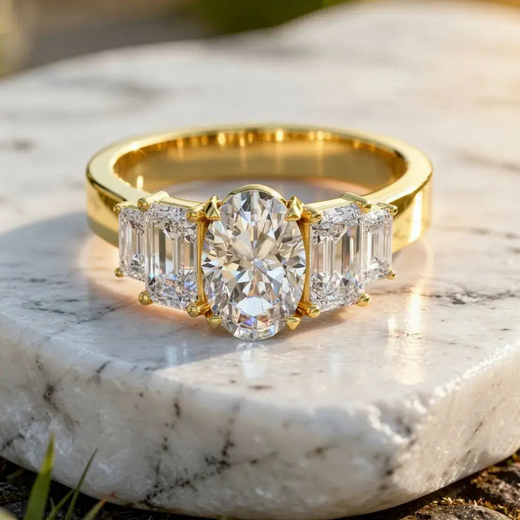 Front-view: Oval Diamond Ring with Three-Stone Setting in 14k Yellow Gold - Lab Grown - Driona Jewels