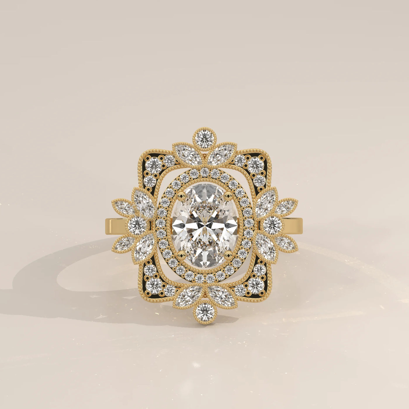 Elegant yellow gold ring featuring a central oval diamond surrounded by smaller diamonds.