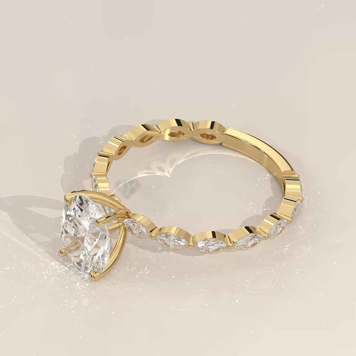 A beautiful oval cut diamond engagement ring in 14k yellow gold.