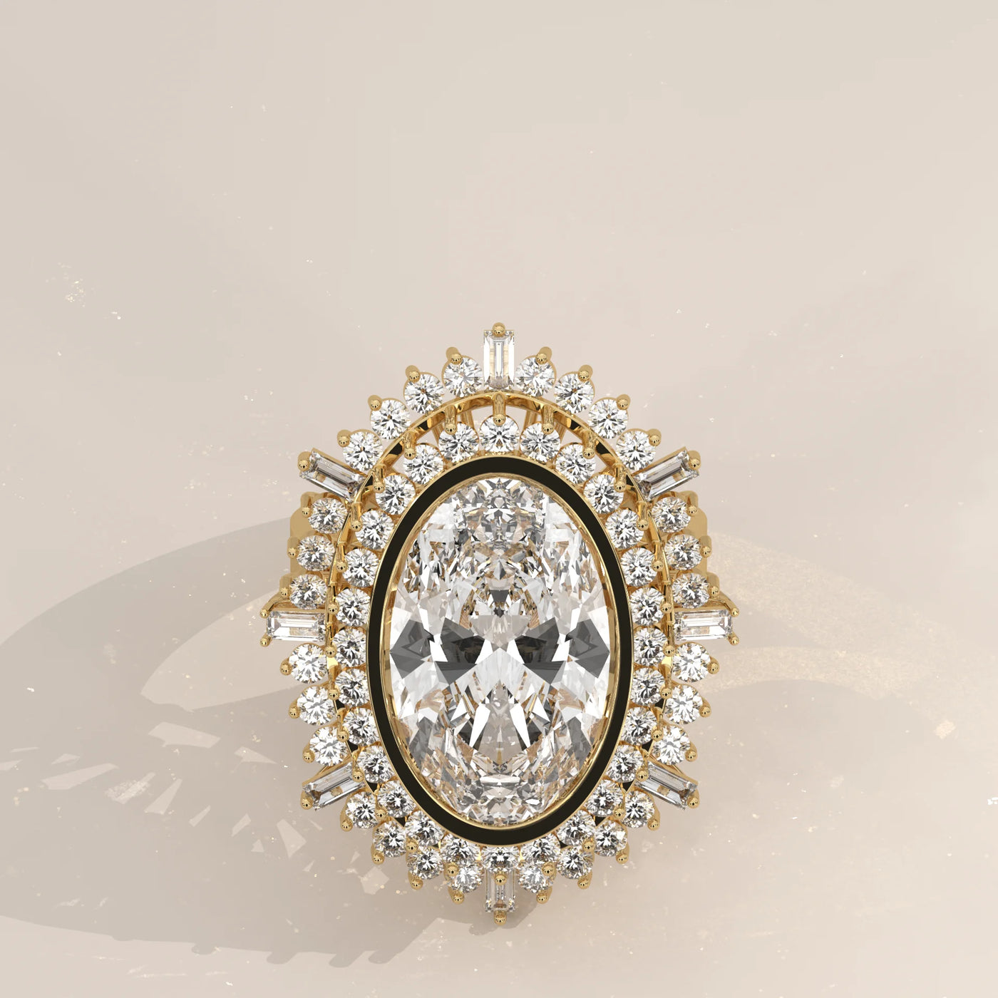 A striking oval diamond ring framed by a halo of round and baguette diamonds in yellow gold.