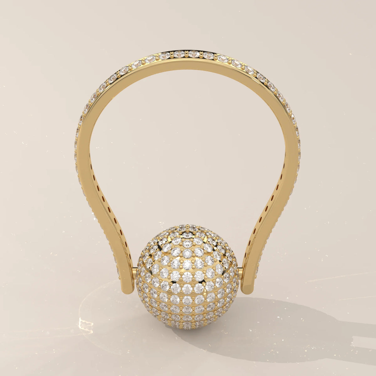 Round Lab Grown Diamond Pave Sphere Ring on a Pave Band in yellow gold, front view on a plain background.
