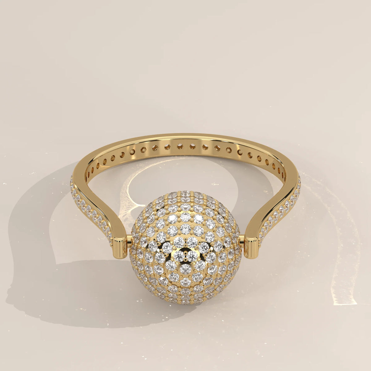 Round Lab Grown Diamond Pave Sphere Ring on a Pave Band in yellow gold, shown on a plain background.
