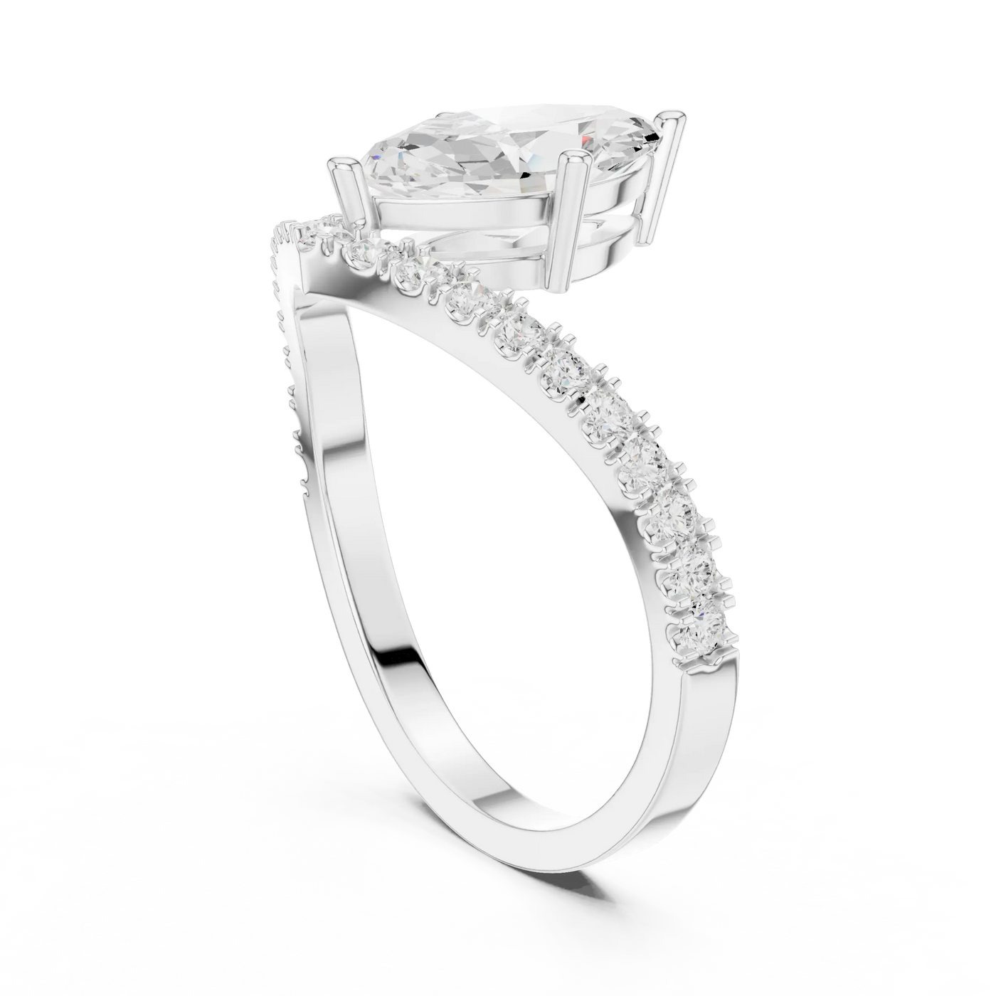 Angle-View: Pear Diamond Ring with Bypass Accent Setting in 18K White Gold – Lab Grown – Driona Jewels