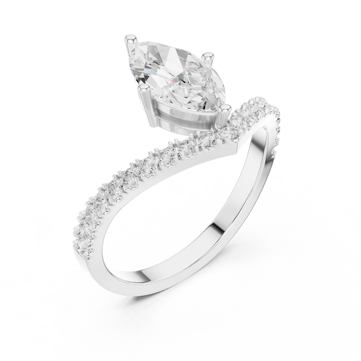 Angle View: Pear Diamond Ring with Bypass Pavé Setting in 14K White Gold – Lab Grown – Driona Jewels