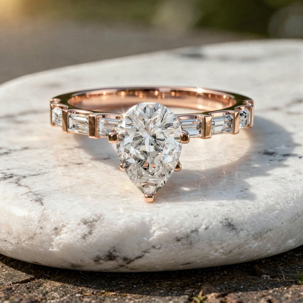 Front-view: Pear Diamond Ring with Channel Setting in 14k Rose Gold - Lab Grown - Driona Jewels