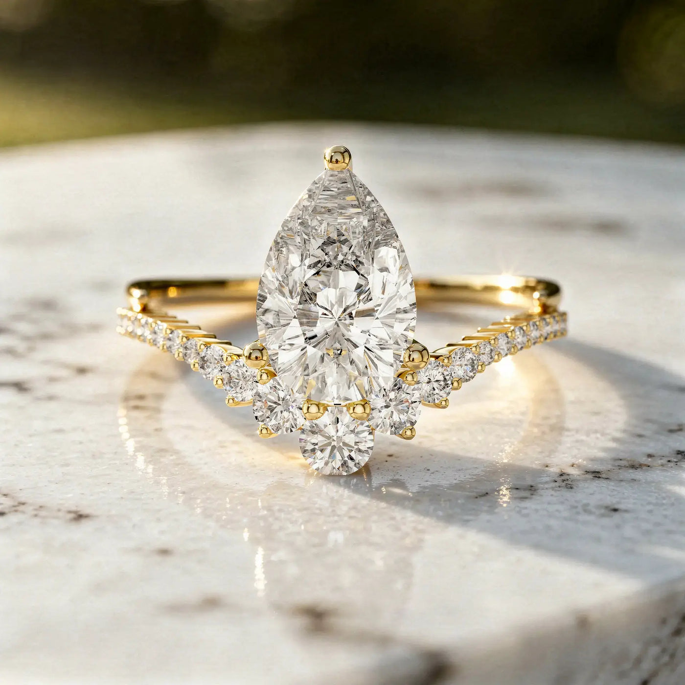Front-view: Pear Cut Diamond Ring with Halo Setting in 14k Yellow Gold - Lab Grown - Driona Jewels