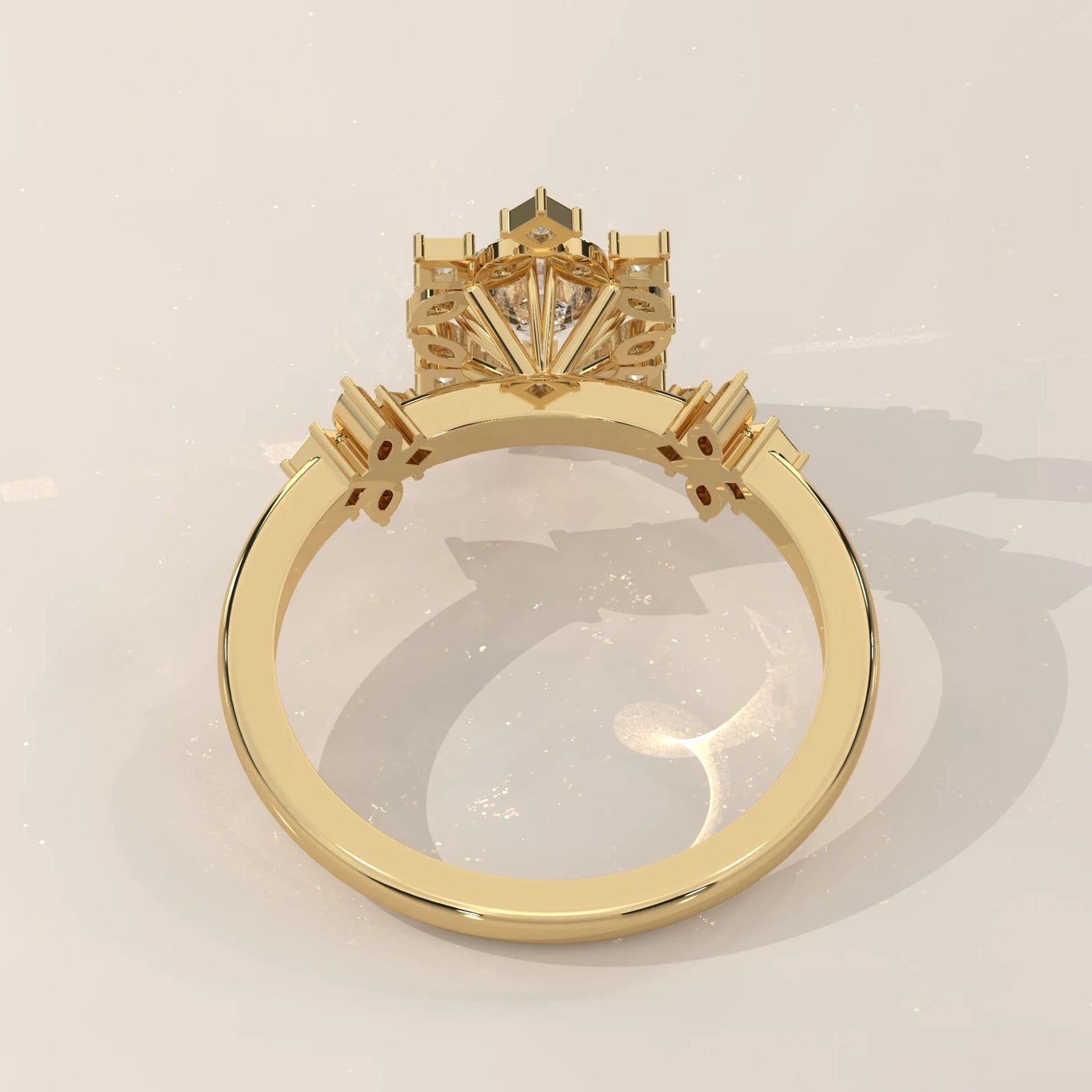 A luxurious 14k yellow gold ring with a large princess-cut diamond surrounded by smaller stones.