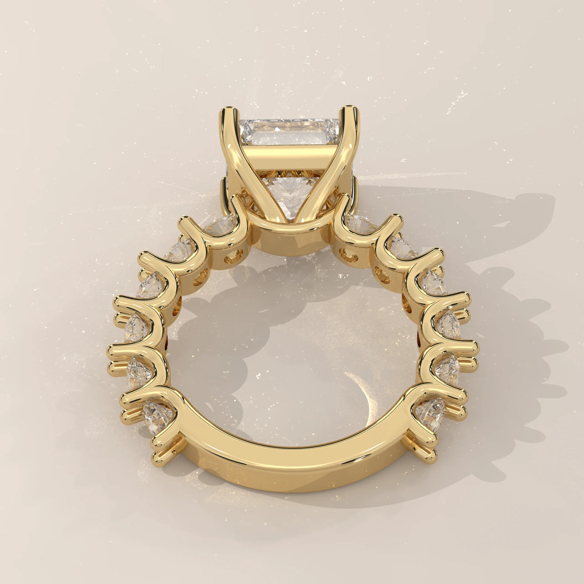 Princess Lab Grown Diamond Ring with Raised Claw Set Round Band in yellow gold, side profile view.