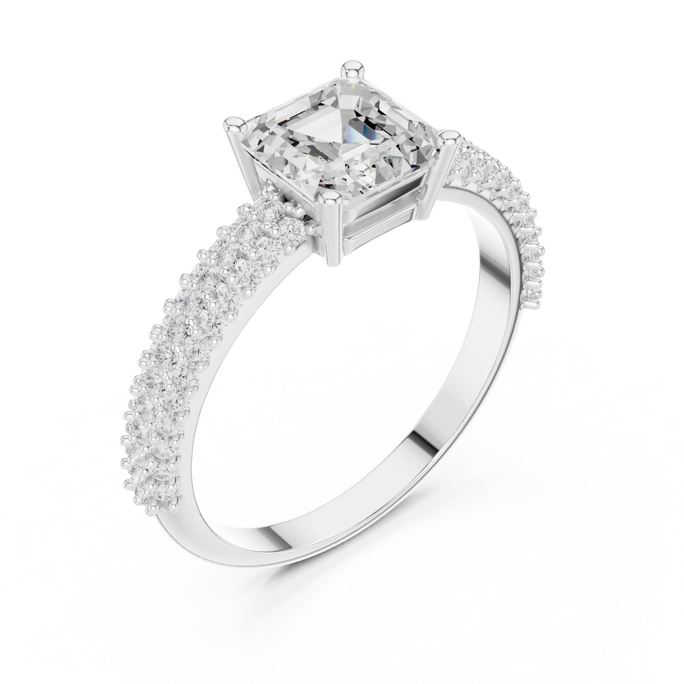 Angle view: Princess Diamond Ring with Prong and Pavé Setting in 14K White Gold – Lab Grown – Driona Jewels