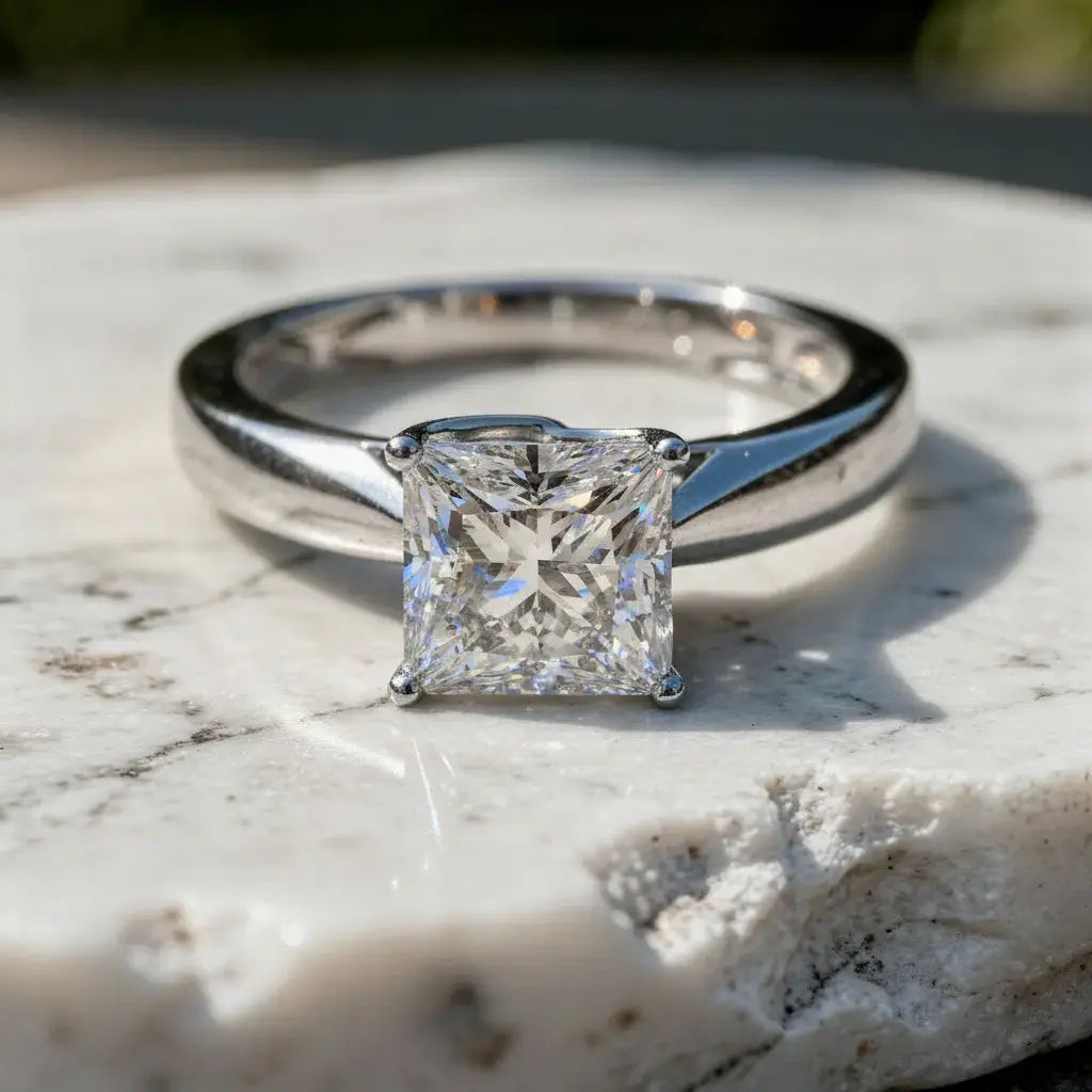 Front-view: Princess Diamond Ring with Solitaire Setting in 14k White Gold - Lab Grown - Driona Jewels