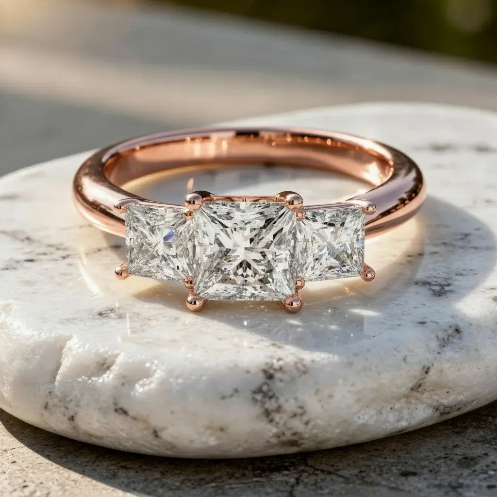 Front-view: Princess Cut Diamond Ring with Three-Stone Setting in 14k Rose Gold - Lab Grown - Driona Jewels