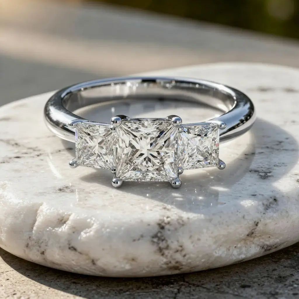 Flat-Lay: Princess Diamond Ring with Three-Stone Setting in 14k White Gold - Lab Grown - Driona Jewels