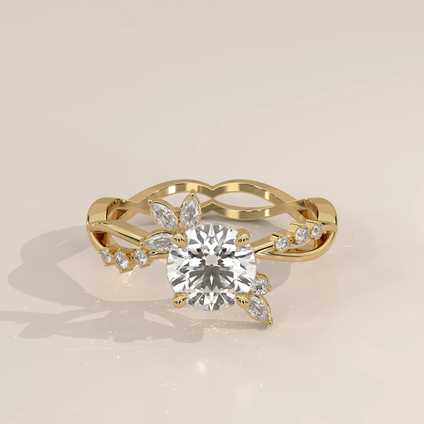 A delicate 14k yellow gold ring with a round diamond and leaf-like accents.