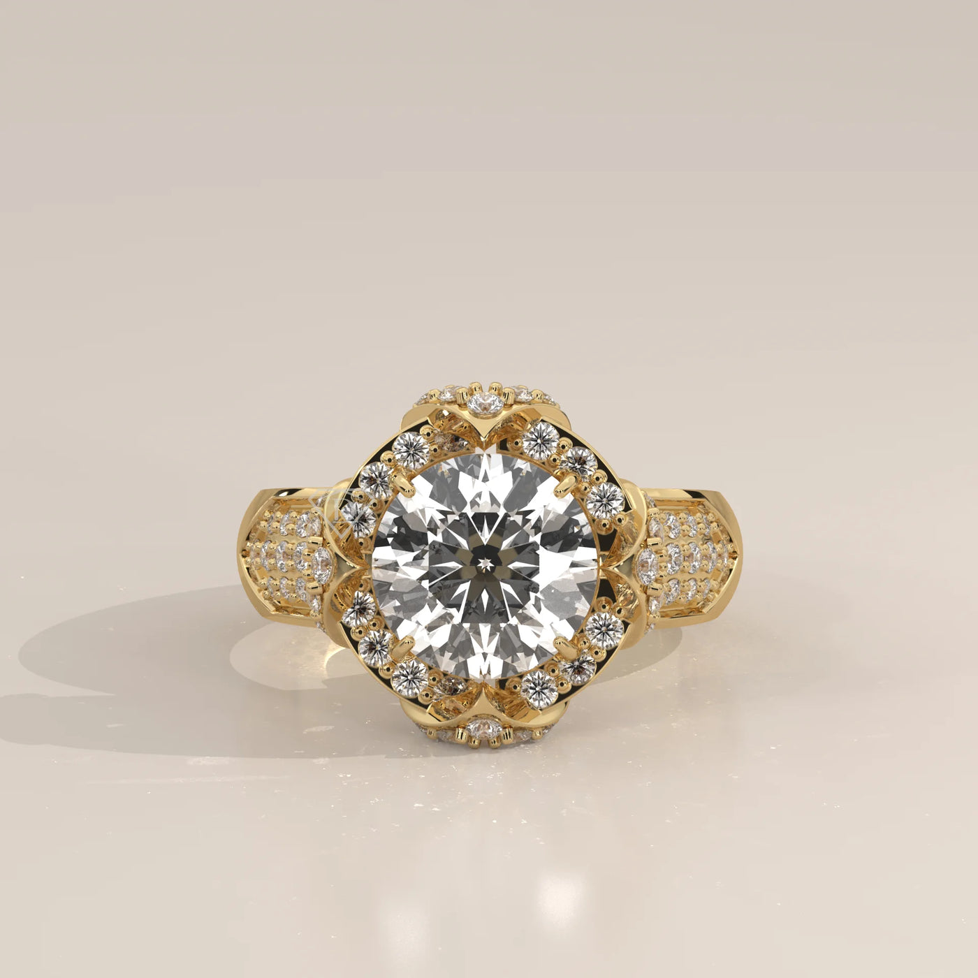 A round brilliant diamond engagement ring set in 14k yellow gold.