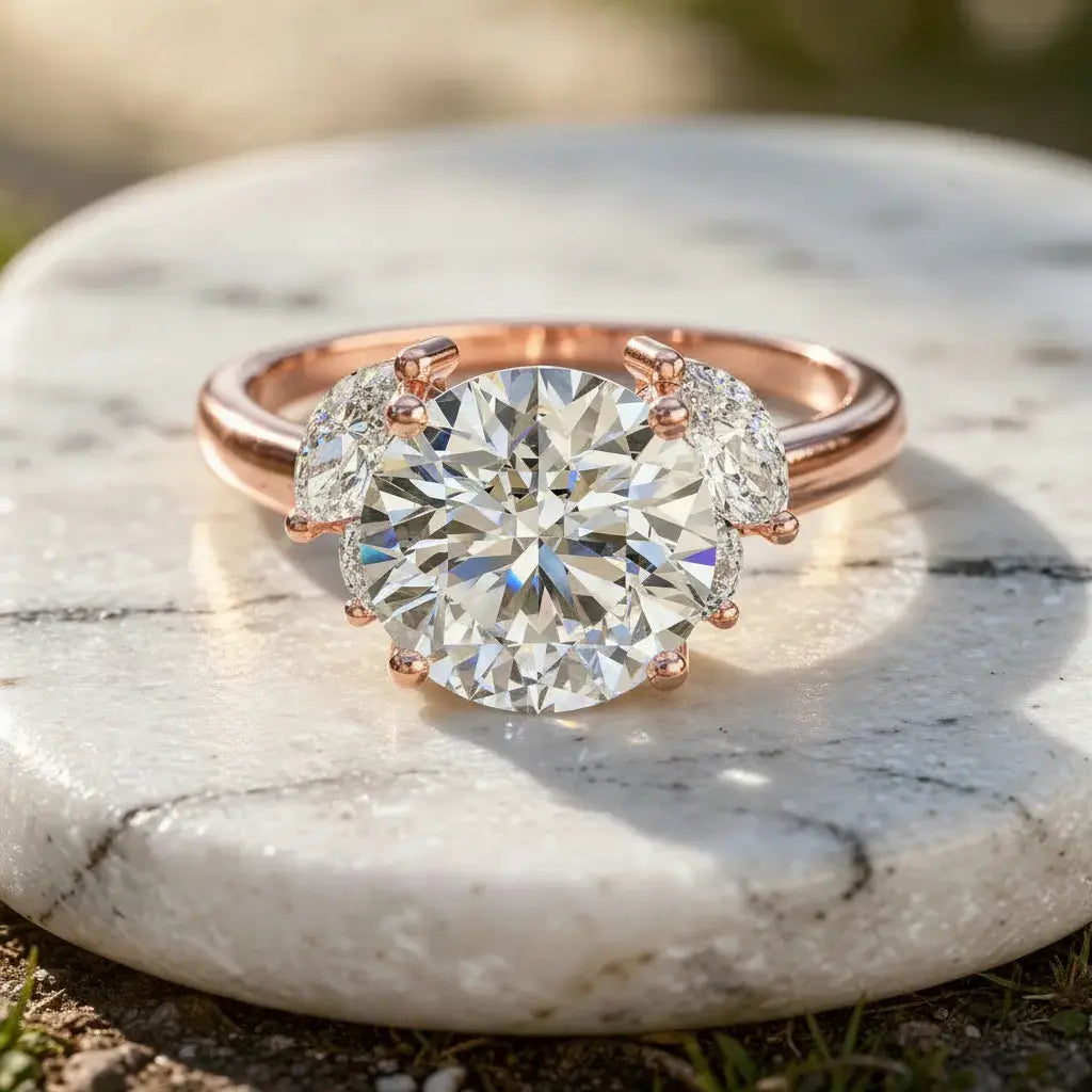 Front-view: Round Diamond Engagement Ring with Halo Setting in 14k Rose Gold - Lab Grown - Driona Jewels