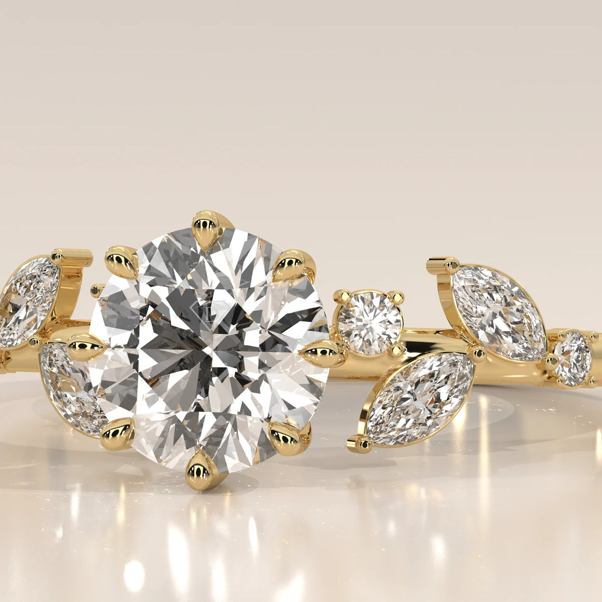 A delicate gold ring with a round diamond and leaf-shaped accents.