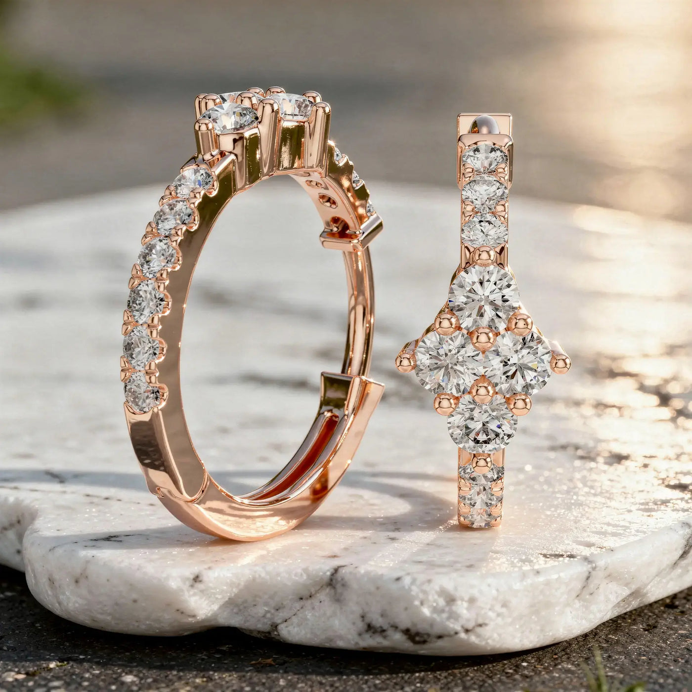 Flat Lay: Round Diamond Ring with Pave Setting in 14k Rose Gold - Lab Grown - Driona Jewels