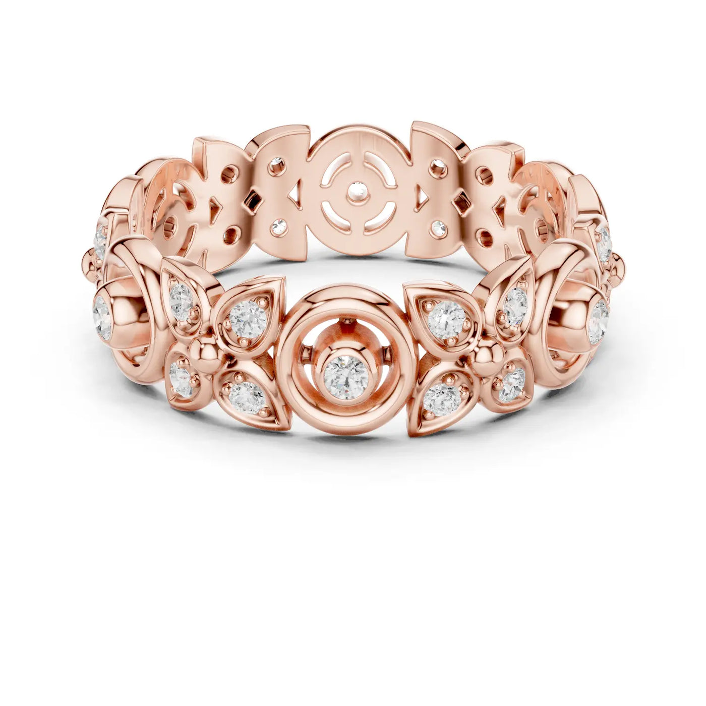 Front-view: Round Diamond Ring with Pave Setting in 14k Rose Gold - Lab Grown - Driona Jewels