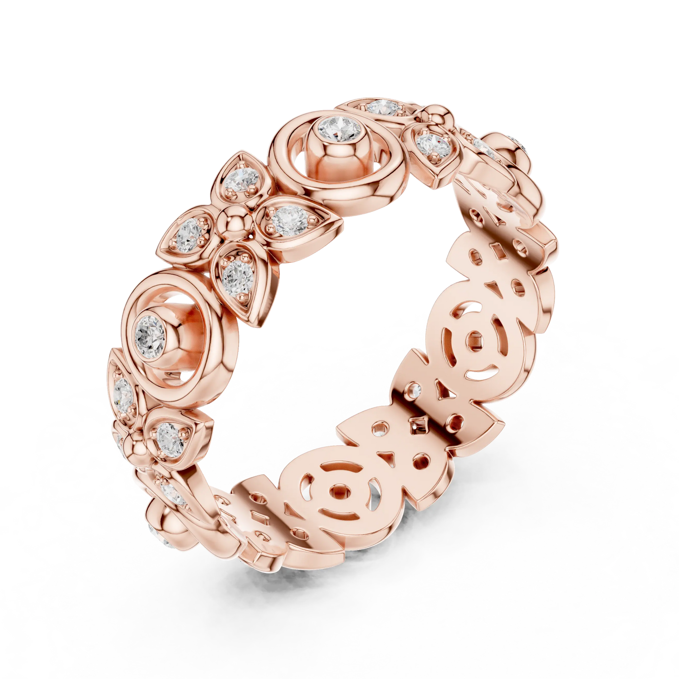 Three-quarter-view: Round Diamond Ring with Pave Setting in 14k Rose Gold - Lab Grown - Driona Jewels