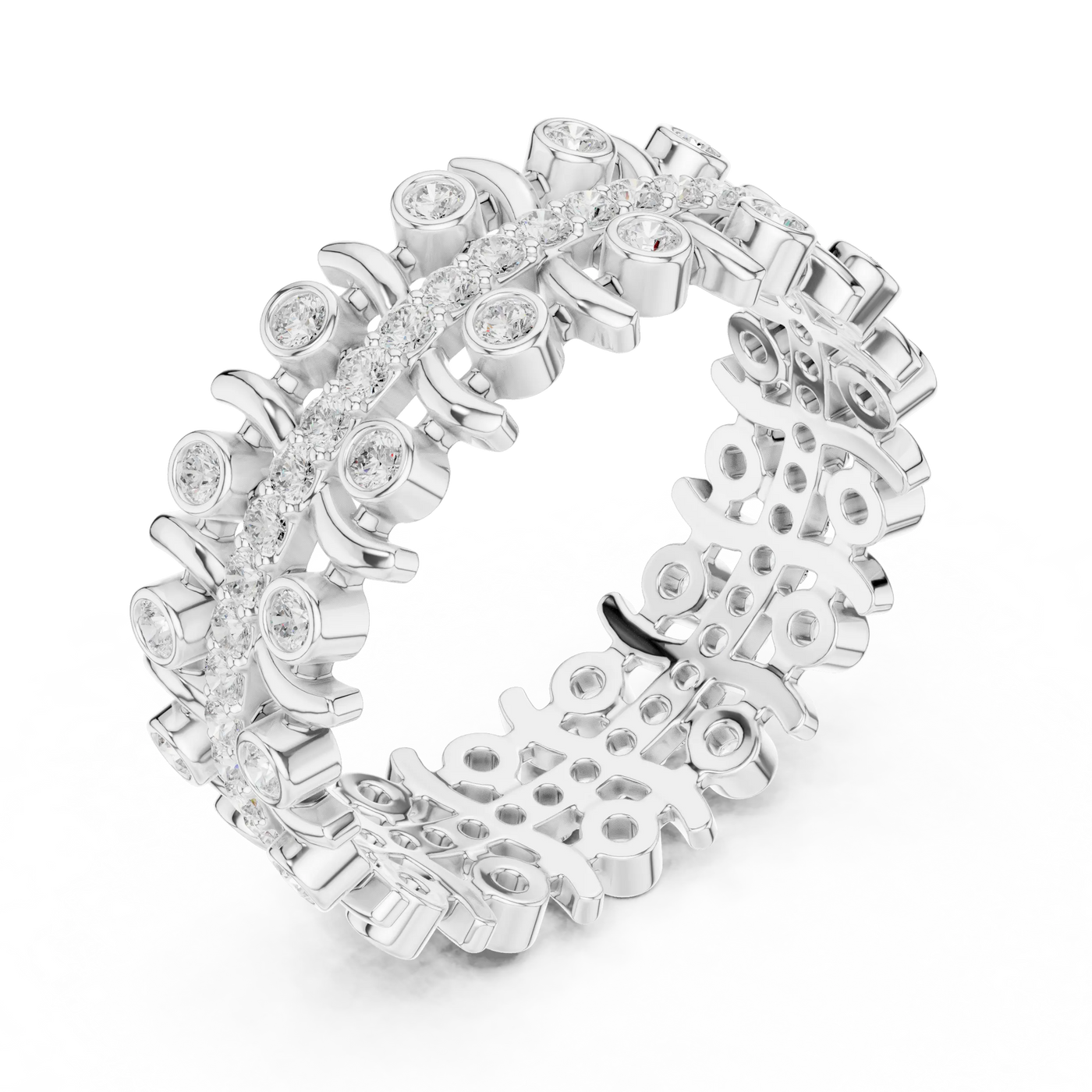 Three-quarter-view: Round Diamond Ring with Pave Setting in 14k White Gold - Lab Grown - Driona Jewels