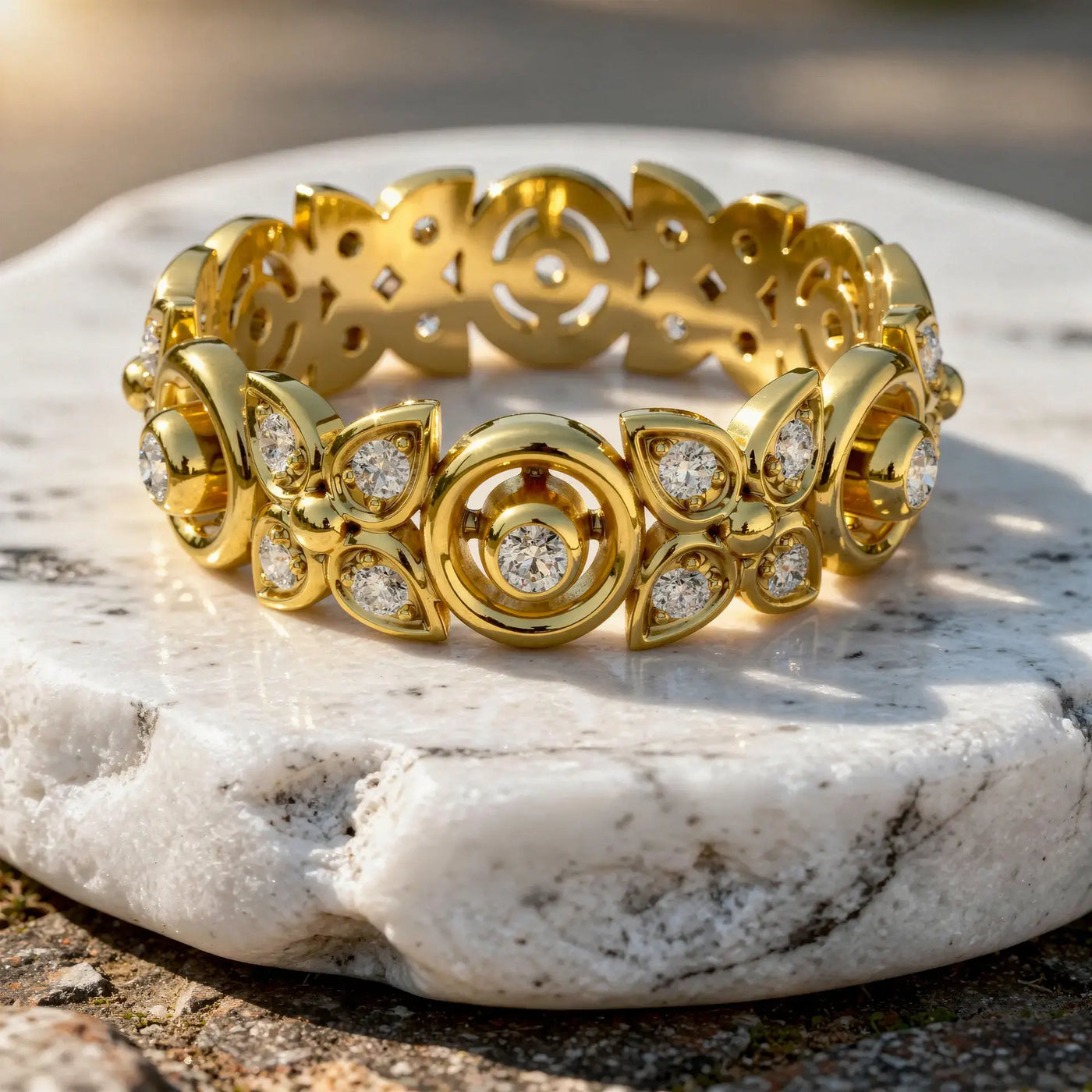 Close-up: Round Diamond Ring with Pave Setting in 14k Yellow Gold - Lab Grown - Driona Jewels