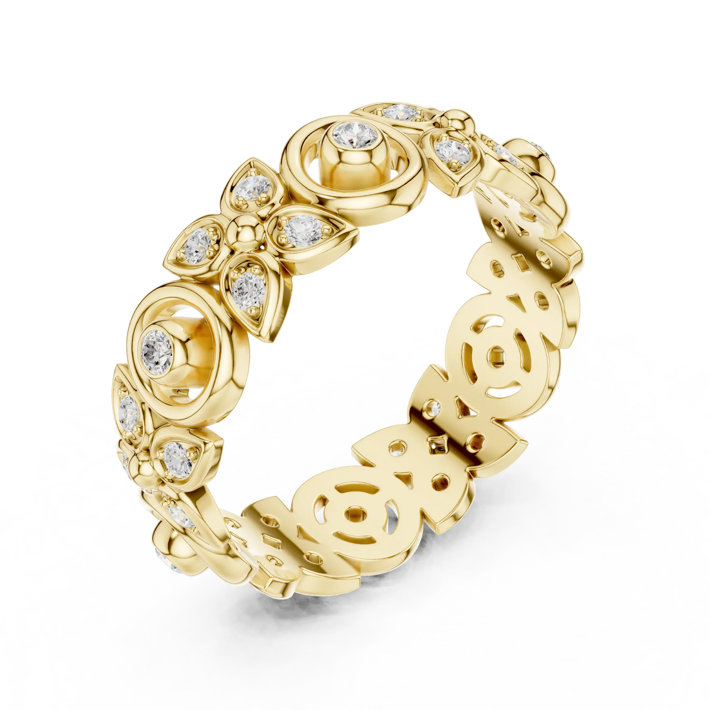 Three-quarter-view: Round Diamond Ring with Pave Setting in 14k Yellow Gold - Lab Grown - Driona Jewels