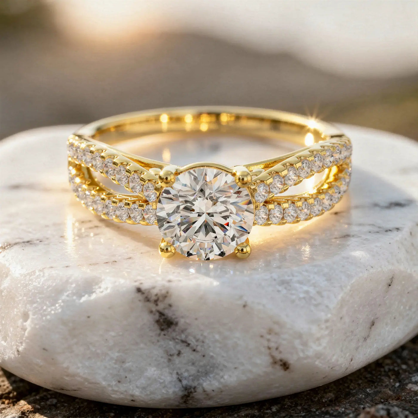 Front-view: Round Diamond Engagement Ring with Split Shank Setting in 14k Yellow Gold - Lab Grown - Driona Jewels