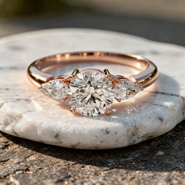 Front-view: Round Diamond Ring with Three-Stone Setting in 14k Rose Gold - Lab Grown - Driona Jewels