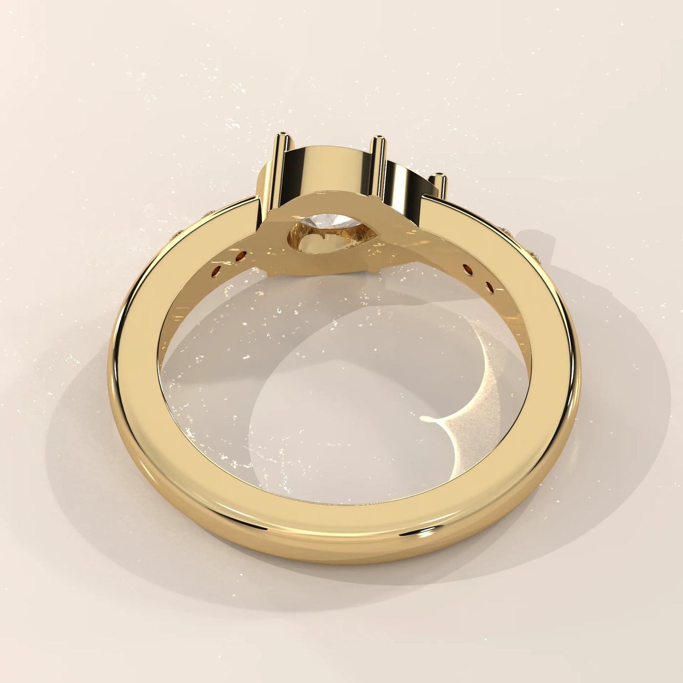 A gold ring with a prominent diamond, featuring smaller diamonds on the band.