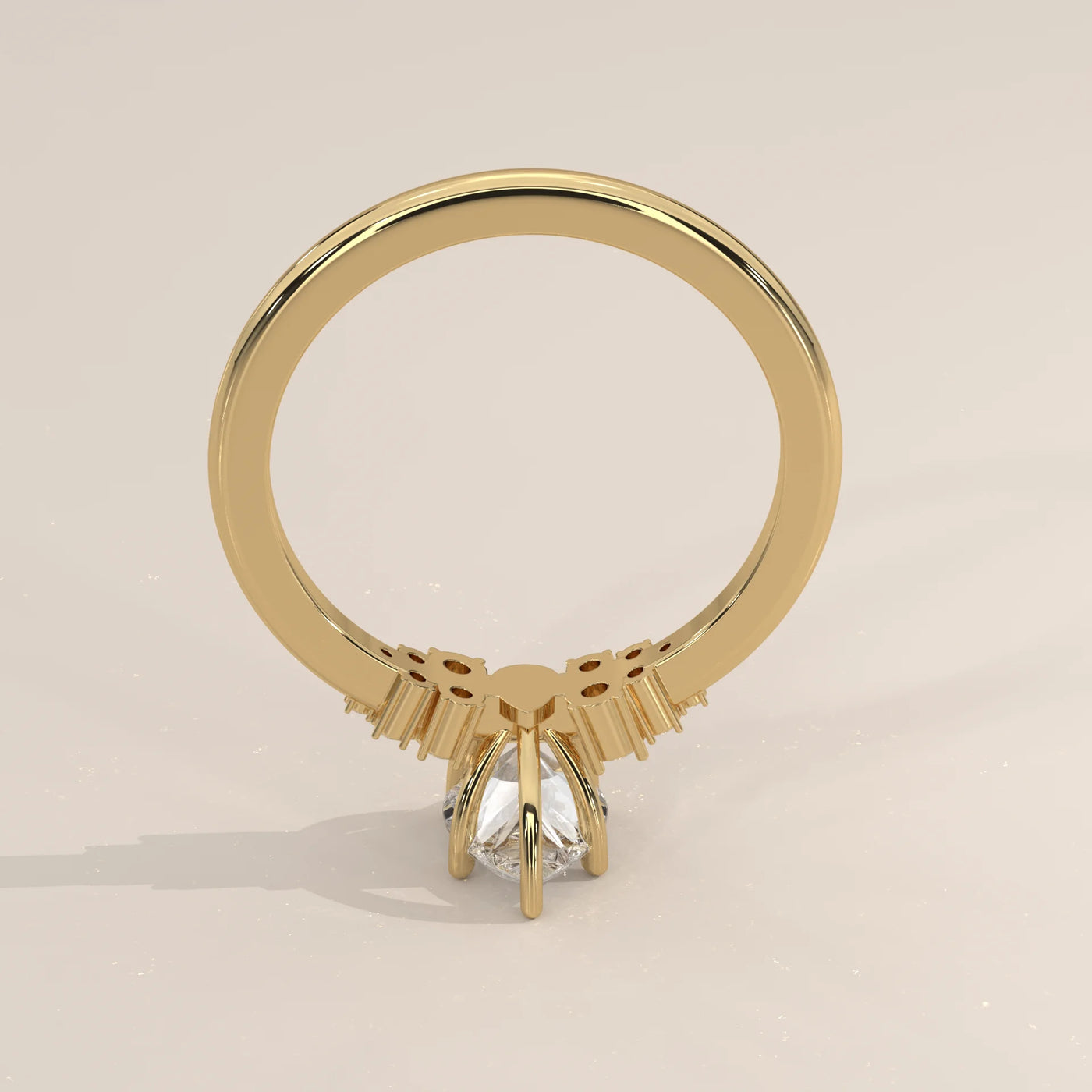 A detailed view of a 14k yellow gold ring with a central stone.