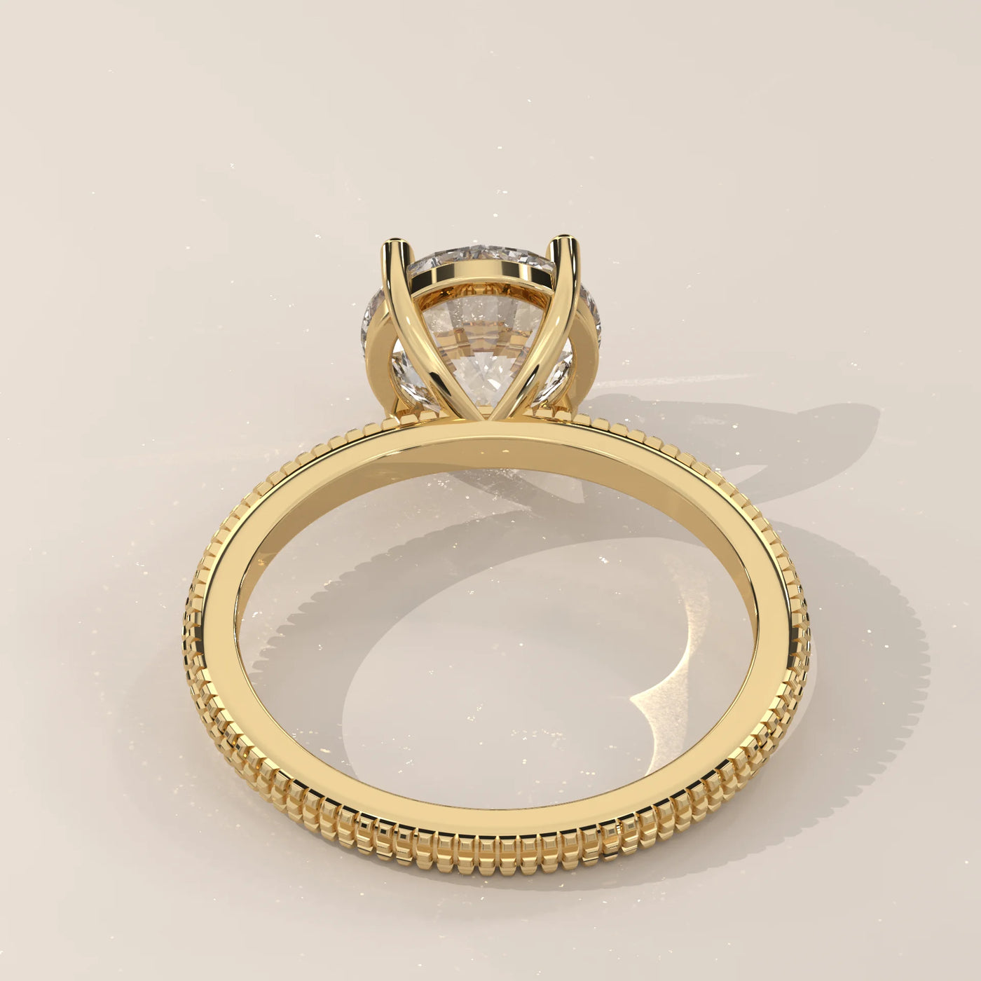 Close-up side view of a 14k gold ring with a large solitaire diamond.