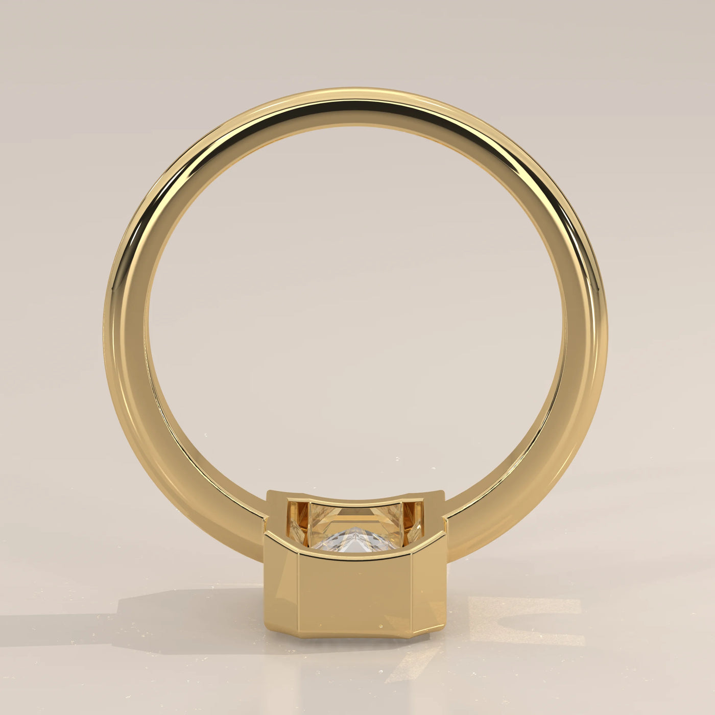 A classic 14k yellow gold ring with a large diamond and pave band.