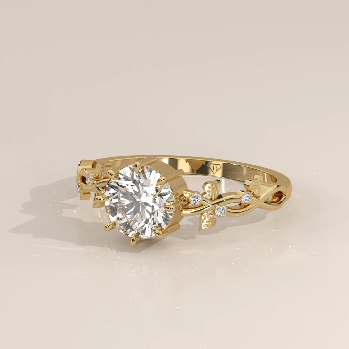 Round Lab Grown Diamond Vine Ring with Leaf Details and Accents in yellow gold, shown from the side.