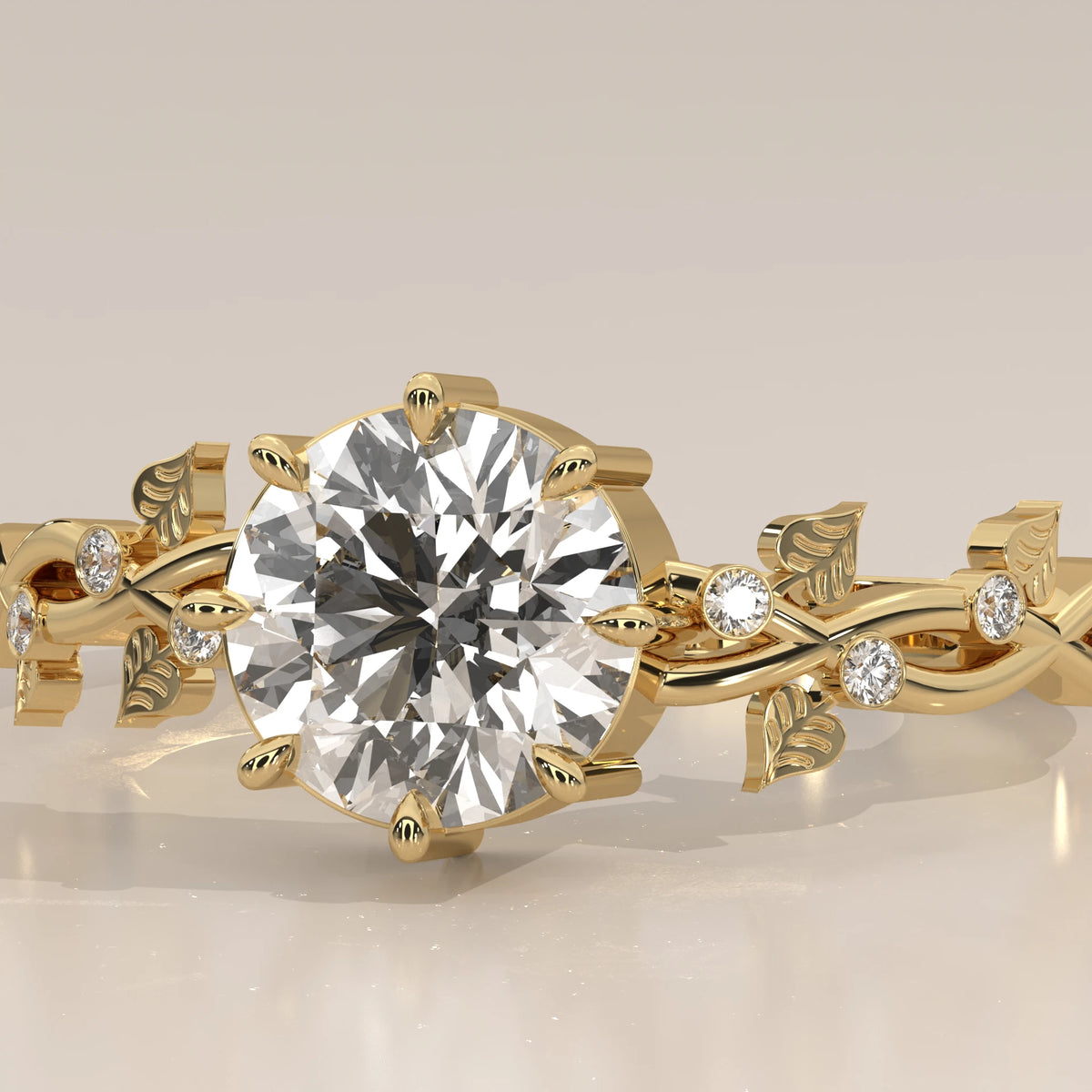 Round Lab Grown Diamond Vine Ring with Leaf Details and Accents in yellow gold, front view on a plain background.